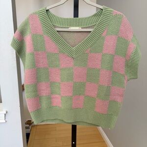 Altar’d State Pink and Green Checkered Knit Sweater Vest, Size Small